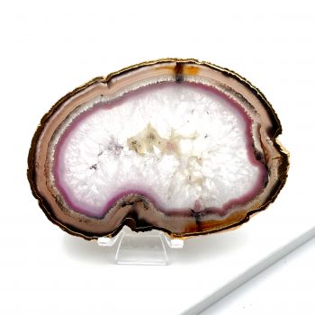 Hvid krystalplade med lilla og beige kant og guldkant på hvid baggrund
