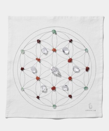 En hvid Grid dug med forskellige krystaller. Ligger på hvid baggrund